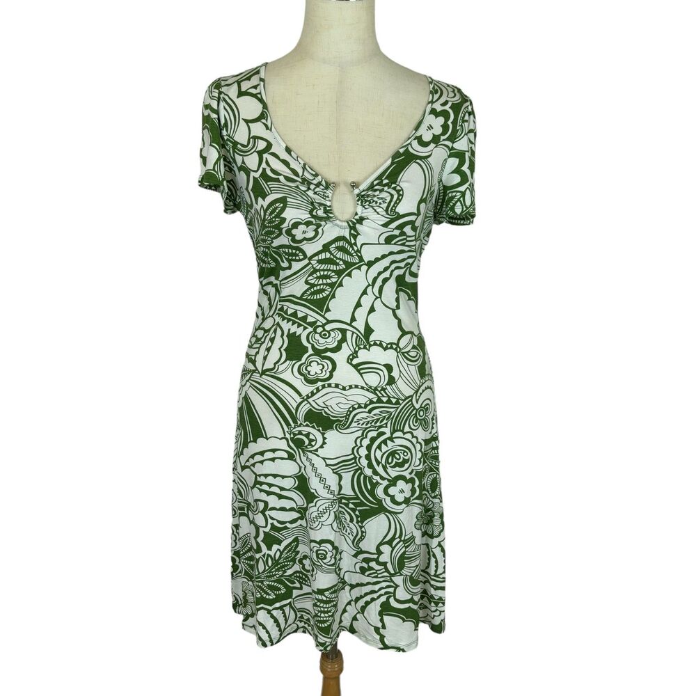Three Dots Green White Dress Women’s Medium Short Sleeve